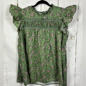 Lane Bryant Woven & Knit Ruffle Cap-Sleeve Blouse Green Floral Cotton